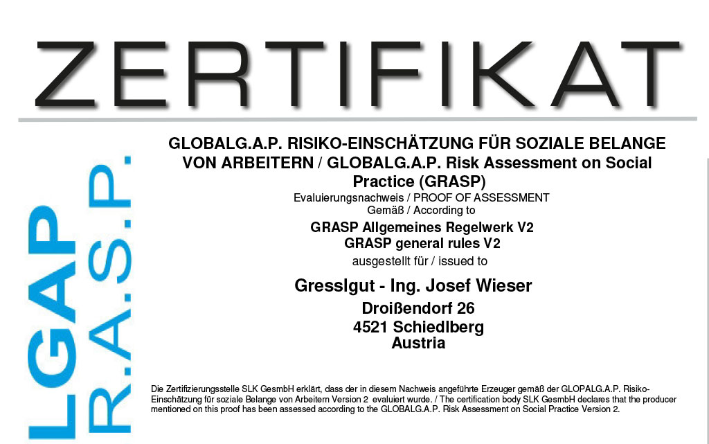Gresslgut - Ing. Josef Wieser - GRSAP_2025 Zertifikat